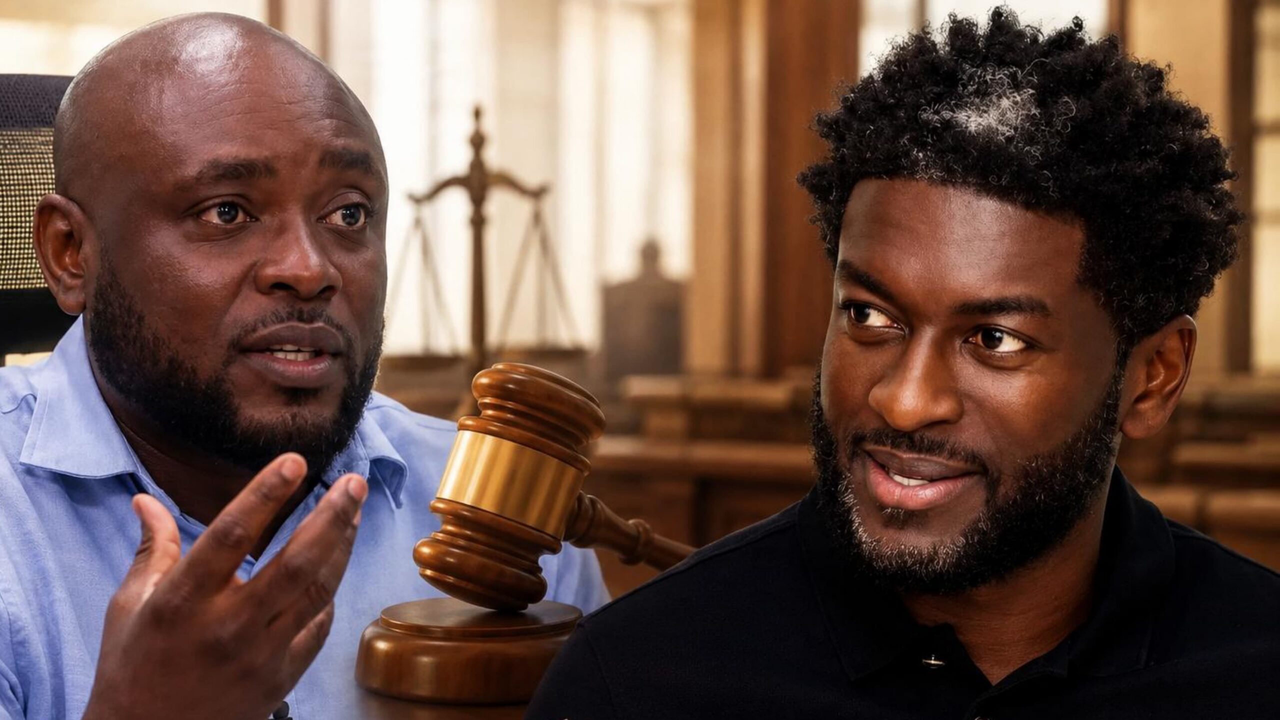 Split image showing Larry Dogbey, the journalist sentenced to 7 days in jail for contempt of court (left), and Kevin Okyere, the oil entrepreneur at the center of the dispute (right).