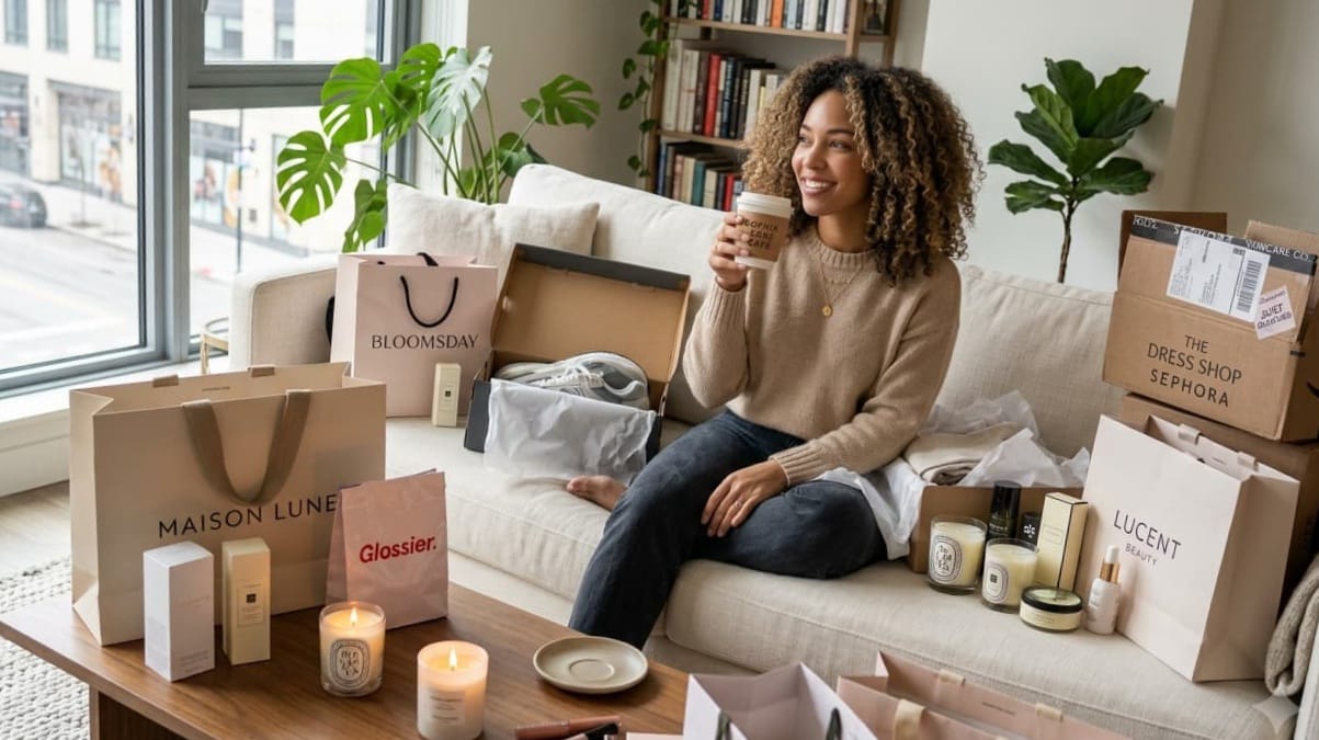 A cozy afternoon moment as a person relaxes with coffee, surrounded by shopping bags, beauty products, and fashion finds in a modern home.