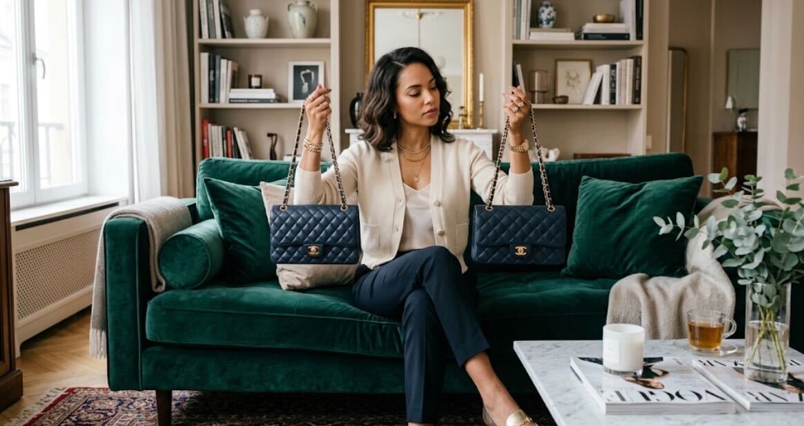 A stylish mixed-race woman sitting on a green velvet couch thoughtfully comparing two identical navy quilted luxury handbags, one in each hand, surrounded by elegant home decor, illustrating the debate of designer dupes versus the real thing